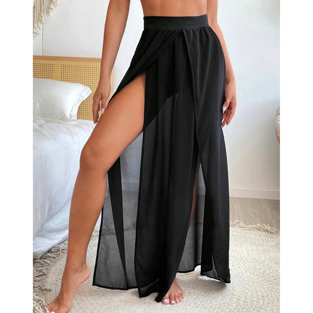 SweatyRocks Sheer Black Cover Up Skirt High Slit Maxi XL - Picture 3 of 7